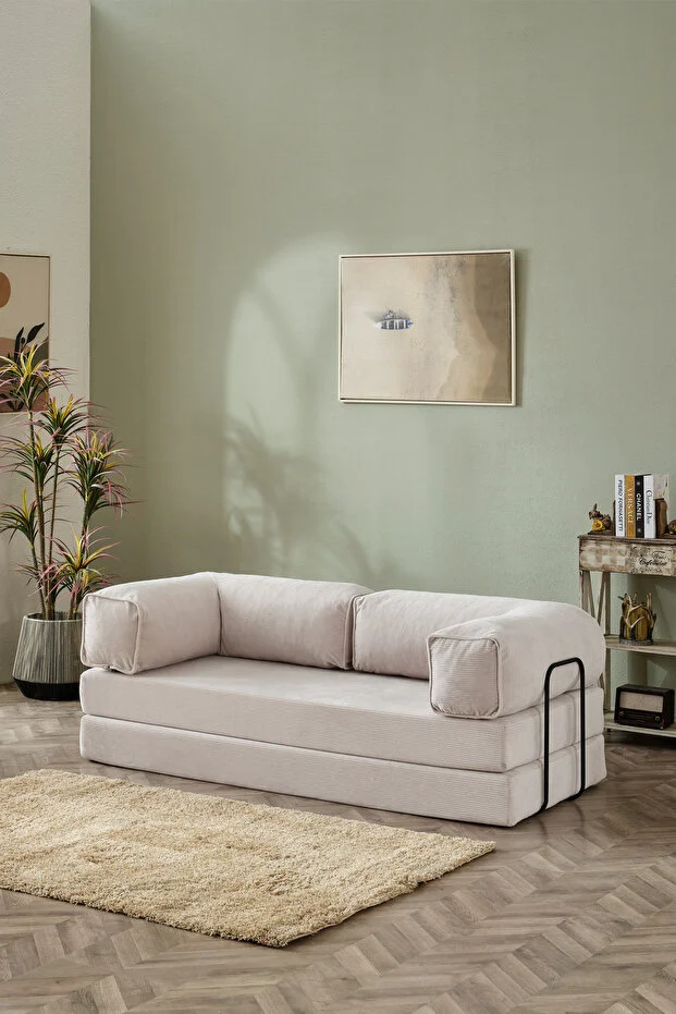Relax 200cm Kanepe, Fitilli Kadife, Yıkanır, Silinir, Dinlenme Koltuğu, Yatak Olabilen, Krem
